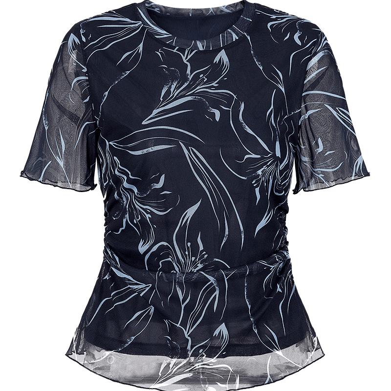JUZUI Artistic Floral Mesh Short Sleeve Top M