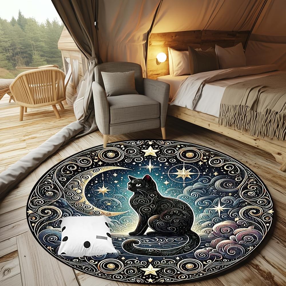 1 Piece Mystical Moon Black Cat Tent Footprint Outdoor Round Carpet Floor Mat Doorway Decorative Carpet Outdoor Patio Camping Carpet Living Room