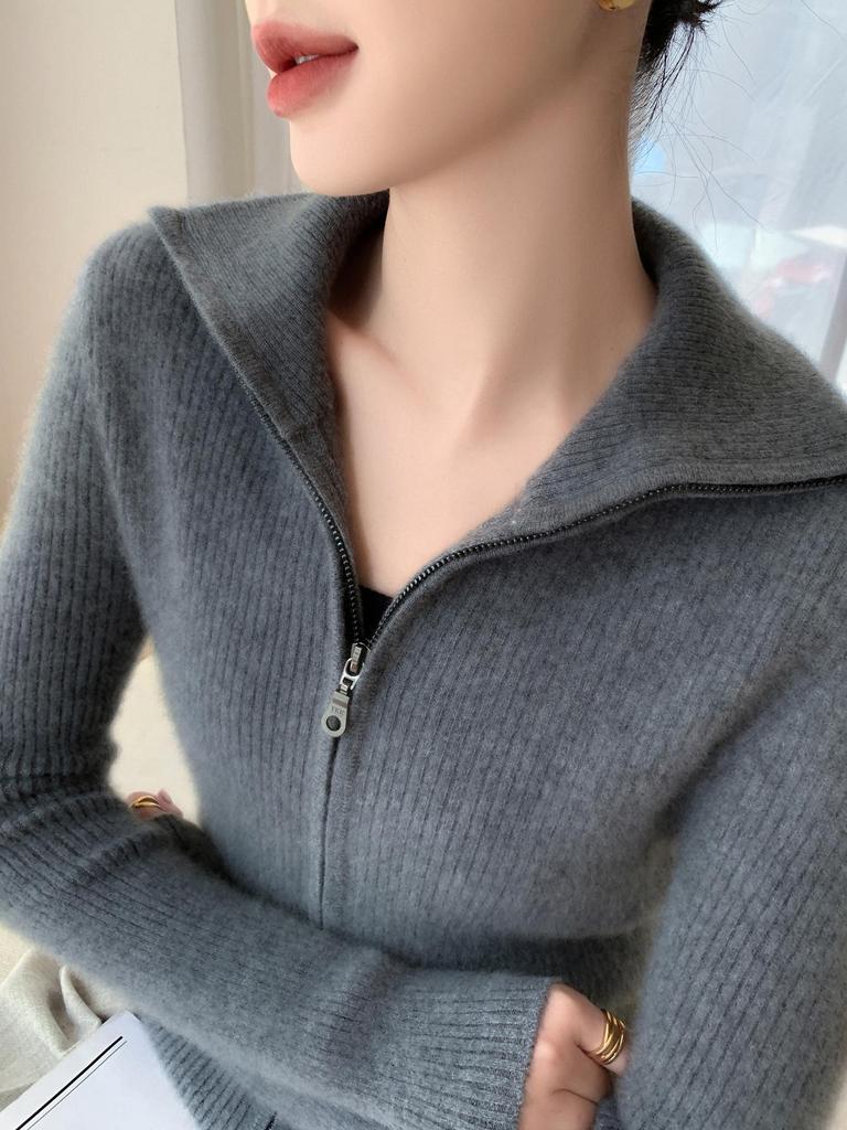 25 Premium Women's Baby Cashmere Cardigan, Double-Zipper Lapel Ribbed Sweater, Loose Wool Coat for Autumn/Winter.