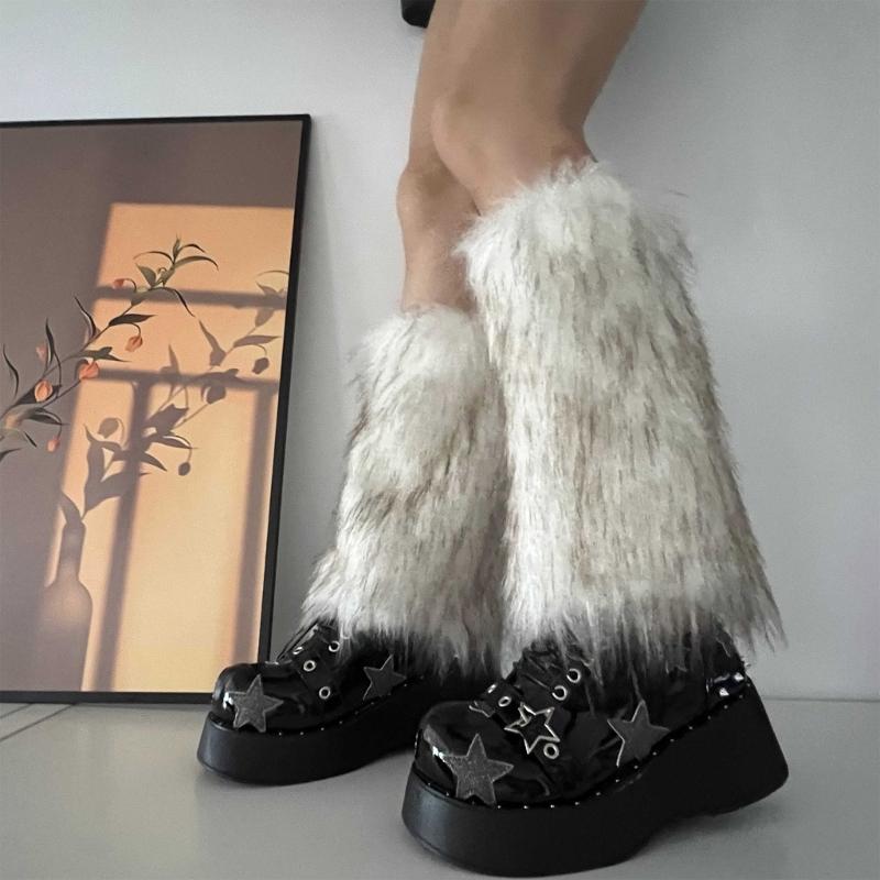 Fuzzy Faux Furs Leg Warmers Furs Heels Long Boots Cuffs Cover Has Elastic One Pair Carnivals Boot Cover Y2K JK Uniform