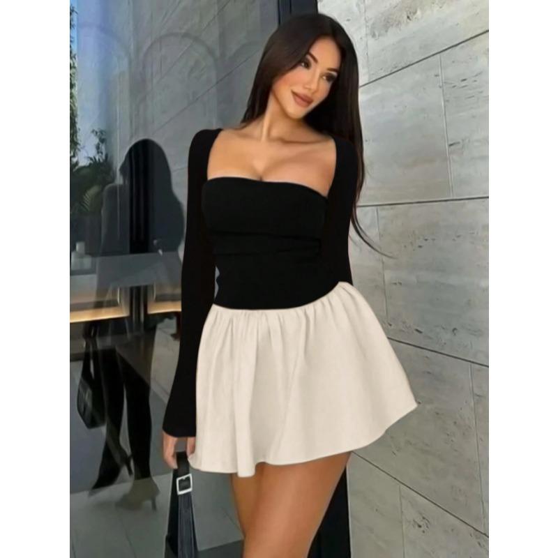 Elegant Fashion Square Collar Splicing A Line Short Dress New Long Sleeve Slim Fit Sexy Party Dress Women Vintage Party Club Sweet Dresses 2683
