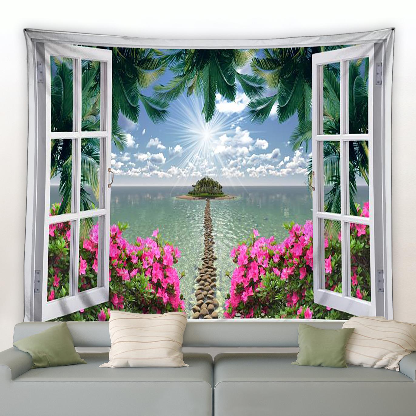 

Гобелен с пляжным пейзажем, антиоконный гобелен, кокосовая пальма, пальмовый лист, деревянный мост, пейзаж, настенная подвесная комната, домашний декор