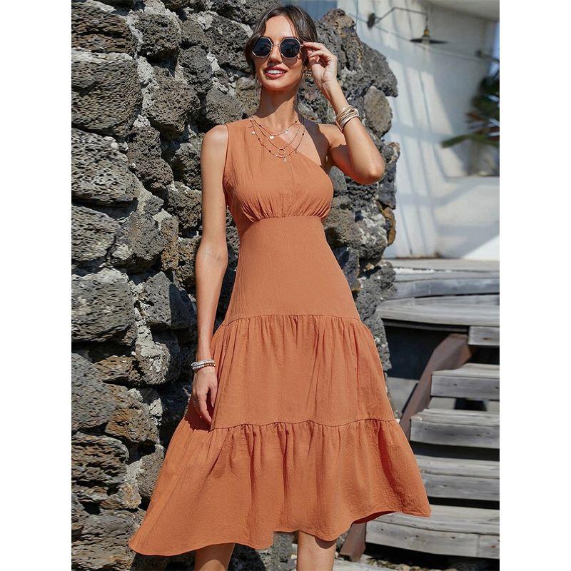 2022 Long Skirt Suspender Type Slanted Shoulder Orange Dress
