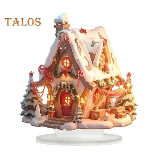 Christmas Acrylic Desktop Ornament Flat Snowy Cabin Ornament with Base Christmas Village Log Cabin Ornament for Holiday Table Decor