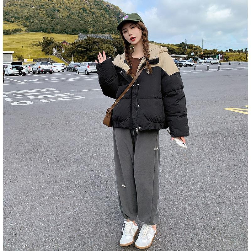 Seasonal cotton clothes women's short hooded splicing contrasting color bread clothes loose coat tide