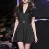 VONDA Women Elegant Short Sleeve Belt Casual Mini Pleated Dress
