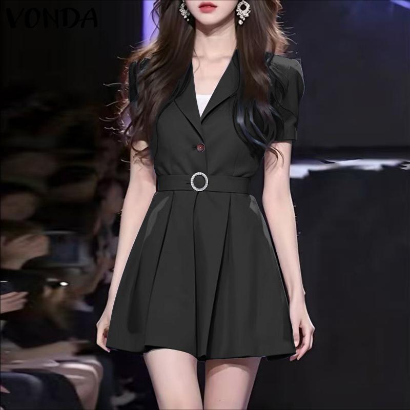 VONDA Women Elegant Short Sleeve Belt Casual Mini Pleated Dress