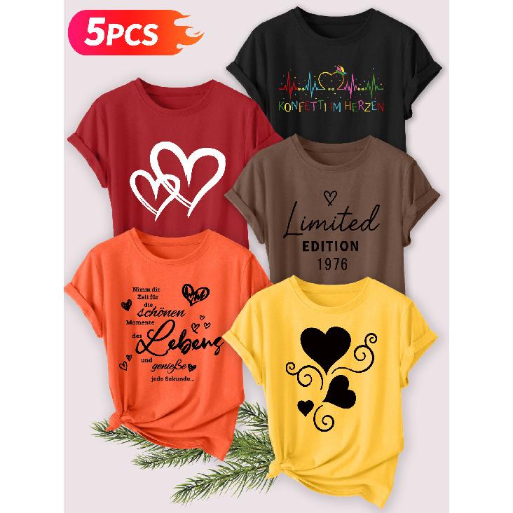 Five-piece set Elegant short-sleeved shirt for women Heart-shaped German series printed round-neck women's short-sleeve shirt suitable for spring and