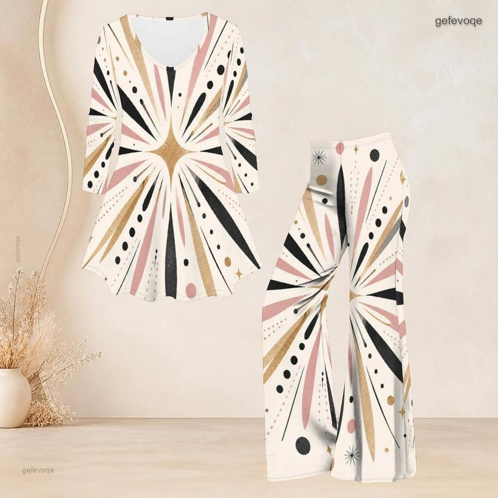 Women Plus Size Black Floral Printed V Neck Three Quarter Sleeve Flared Top Flared Pants Two Piece Set