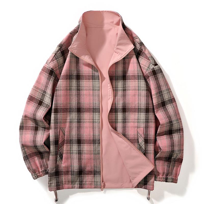 Spring and Autumn New Reflex Stand Collar Jacket for Men and Women Loose Outdoor Couples Wear Versatile Long-Sleeved Plaid Jackets for Men