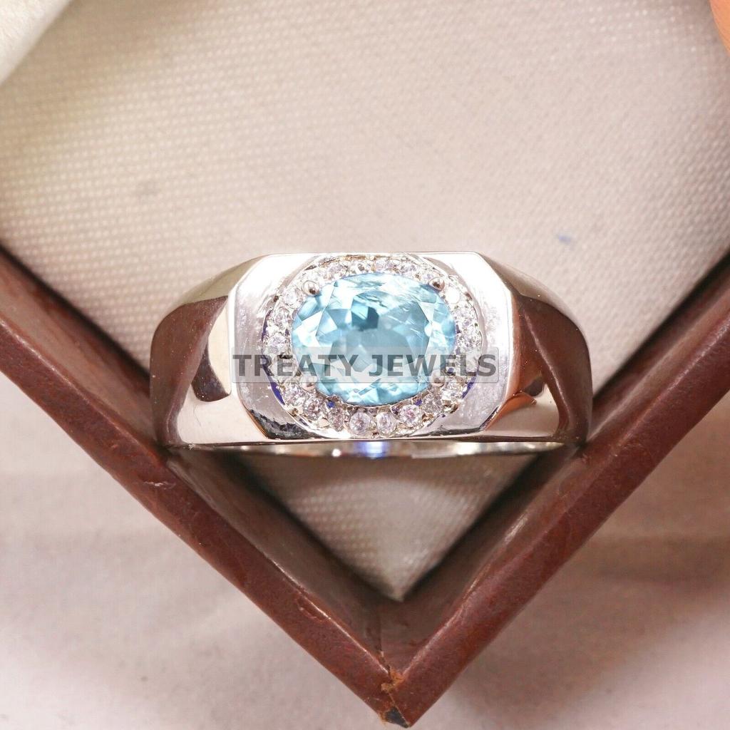 Aquamarine Oval Cut Gemstone With 925 Sterling Silver Ring For Men's #A757 JL375659103156