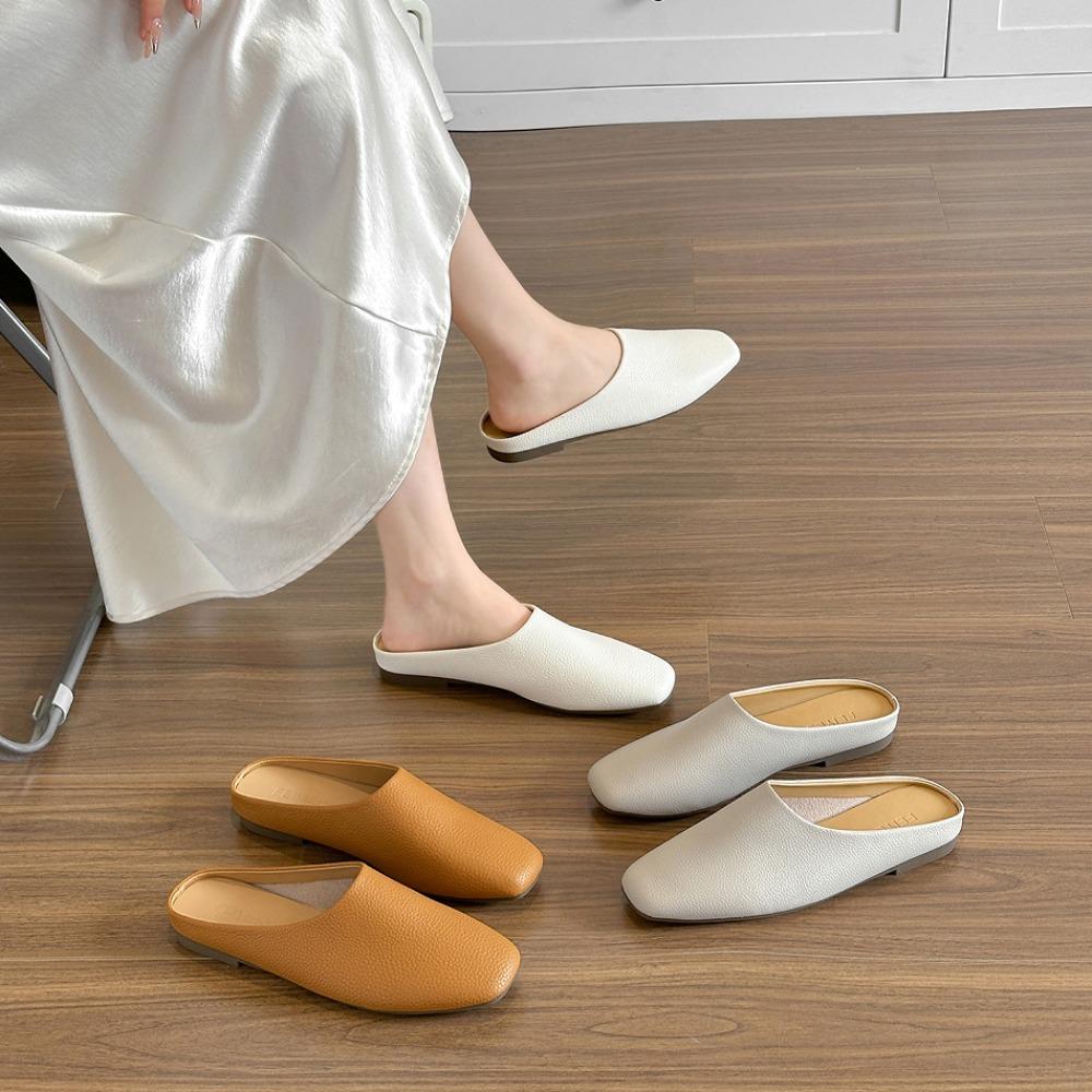 Genuine Leather Slippers Women's Summer Outer Wear Flat Bottomed Casual Muller Bag Head Half Slippers Mules Women's Flat Shoes