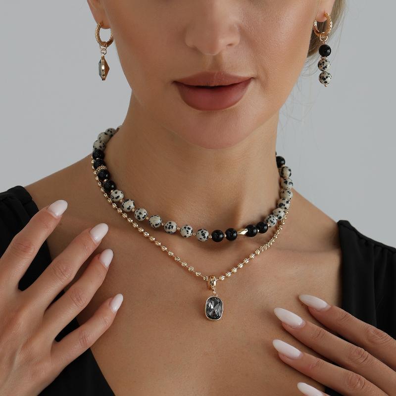 1/2Set Vintage Stone Black Bead Double Layer Necklace Style Jewelry For Women Daily Use