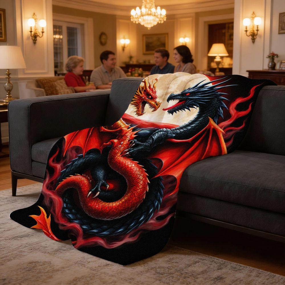 Double Dragon Art Pattern Decorative Throw Blanket for Sofa, Bed, Living Room, Home Decor, and Interior Styling