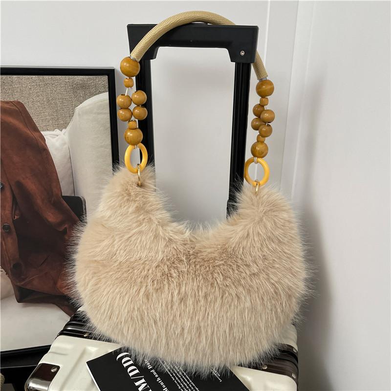 Winter Unique Plush Shoulder Bags for Women Large Capacity Ladies Beaded Design Handbags Solid Color Girls Faux Fur Hobos Bag