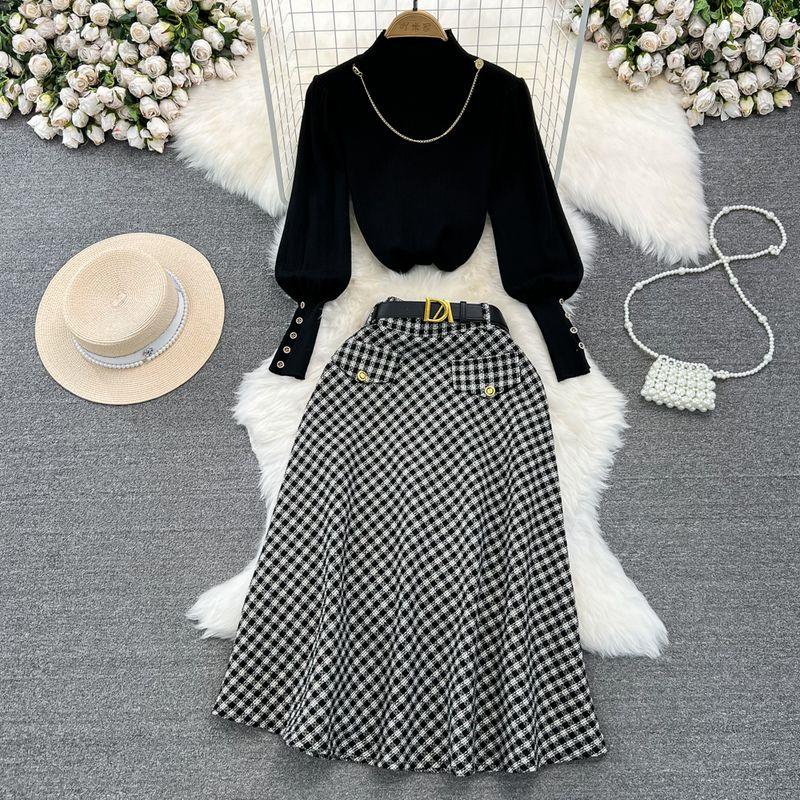 

Lantern Knitting Tops Gingham Skirt Fashion Suit Black L