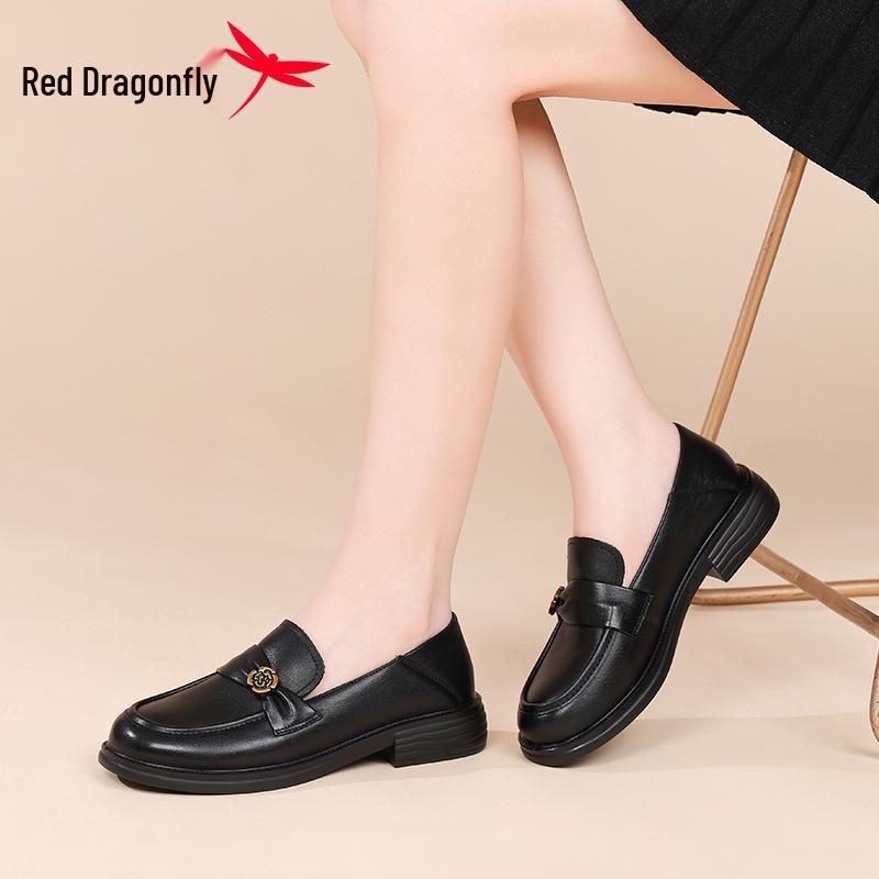 Red Dragonfly Women's Thick-Soled Leather Loafers - British Style Casual Shoes for Spring and Autumn.