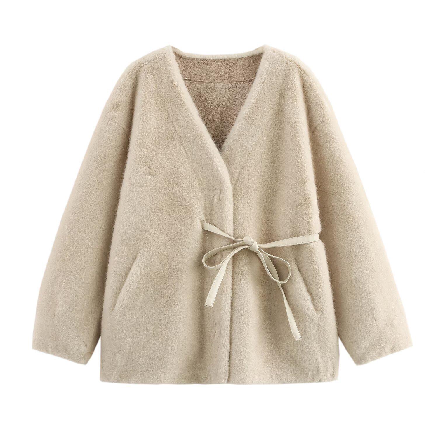 

Женская дубленка 2024 года с V-образным вырезом и завязками: Европейский и американский стиль One Size бежевый