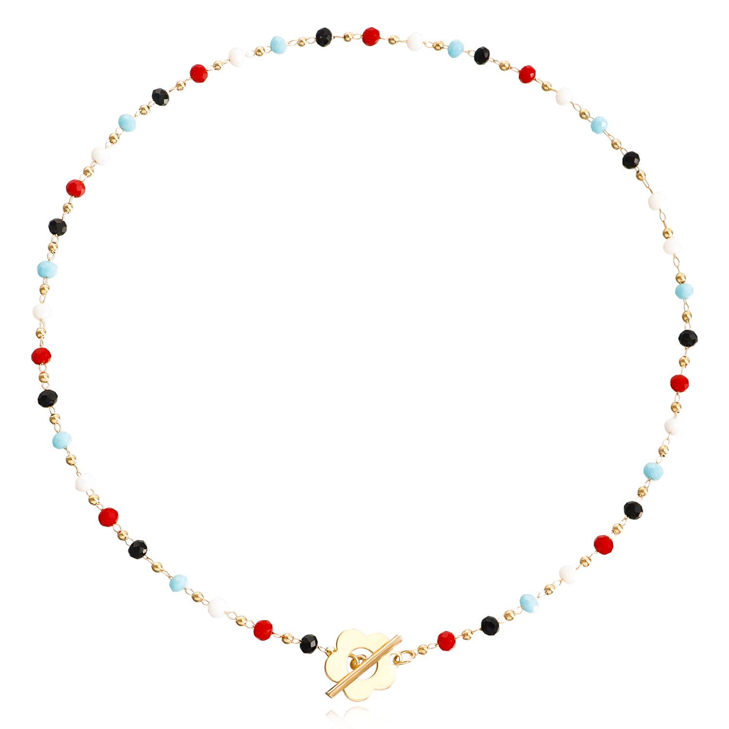 

Black Crystal Glass Beaded Necklace with Flower Pendant and OT Buckle