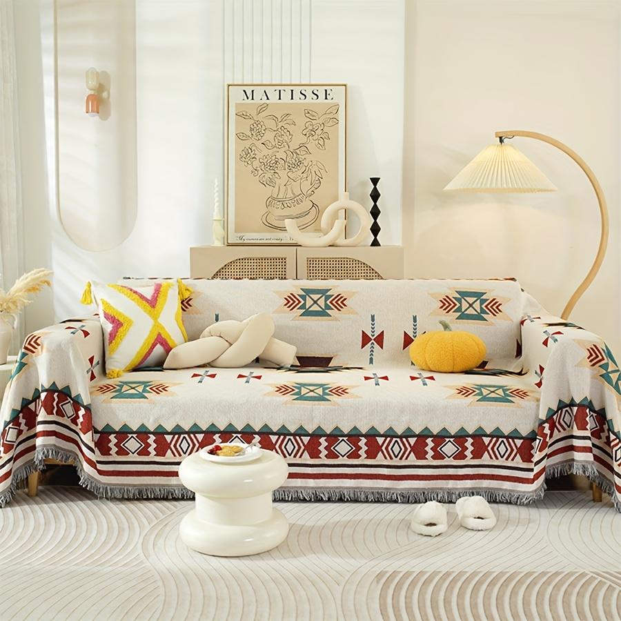 1pc Sofa Blanket Geometric Print Sofa Cover With Tassels Four Seasons Universal Double Face Usable Pet Friendly Home Decor