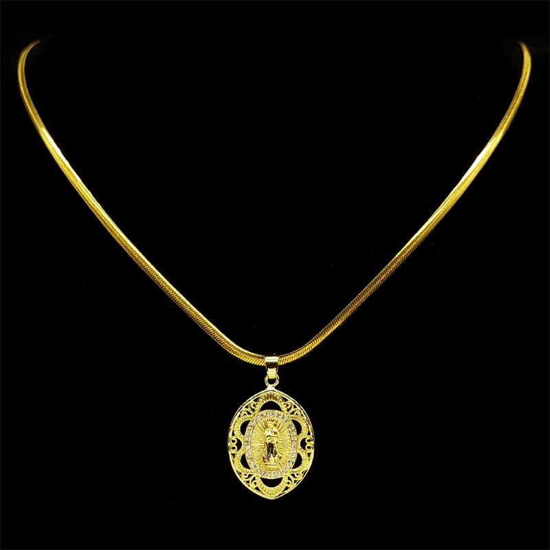 Fashion Virgin Mary Copper Zircon Gold Plated Pendant Necklace for Women Stainless Steel Chain Handmade Jewelry Gift ZZZ592-1