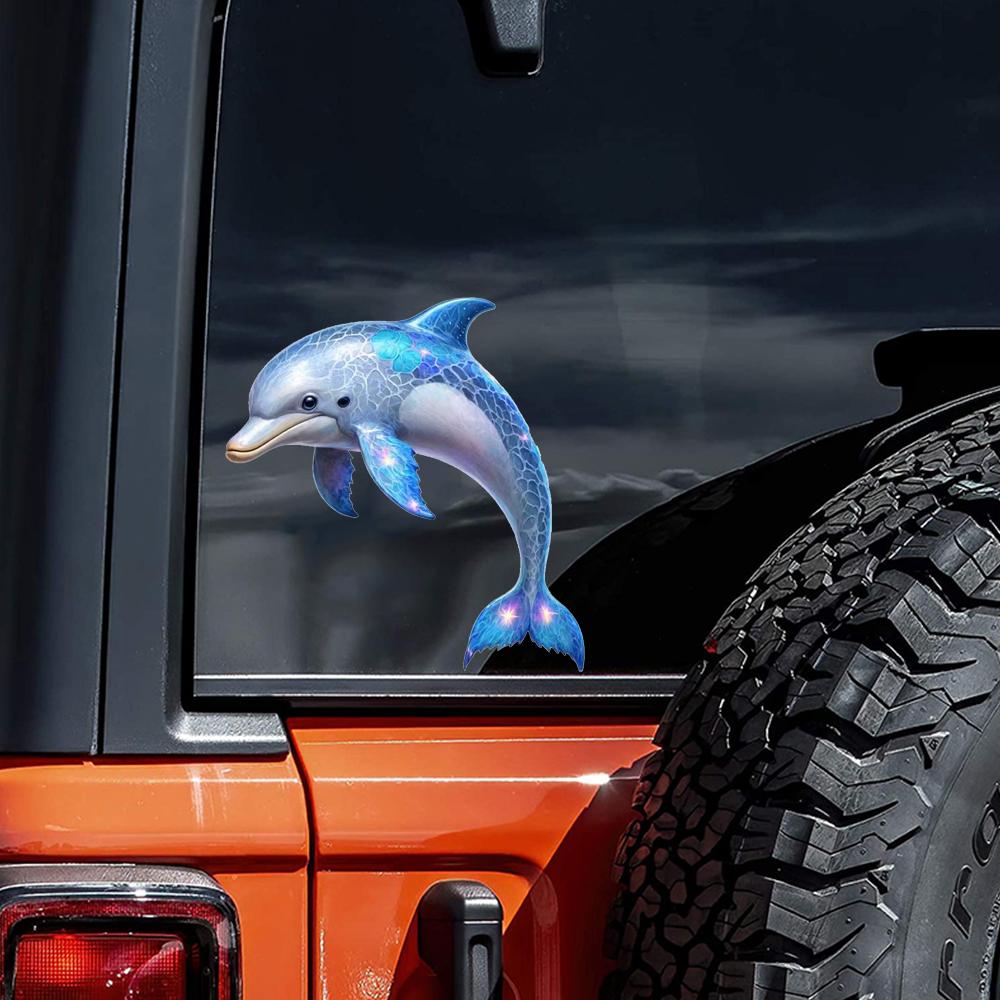 QT2383#15cm Speelse Gloeiende Dolfijn Auto Sticker, Geschikt voor Laptop, Auto, Vrachtwagen, Bestelwagen, SUV, Motorfiets, Bumper, Raam
