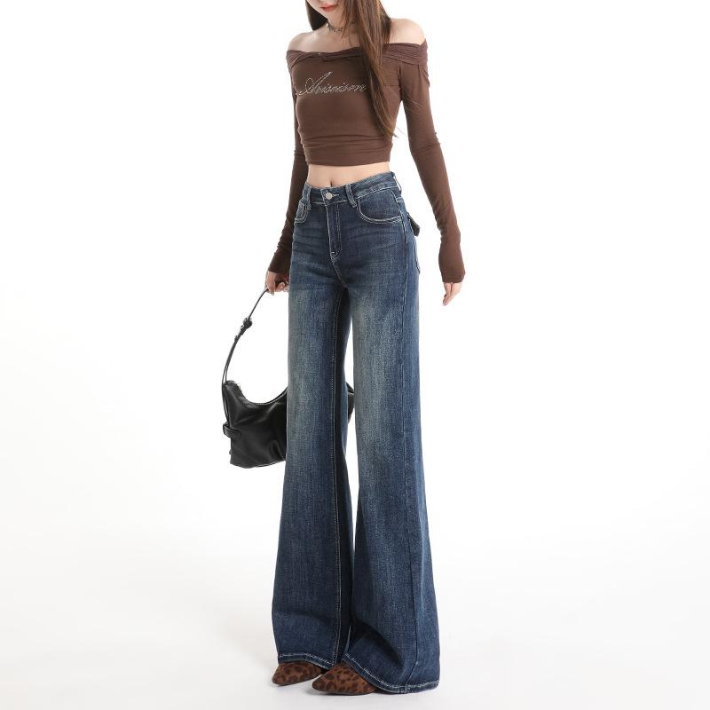 Autumn dark blue non-stick leg micro-horn jeans women's new popular high-waisted straight tube versatile