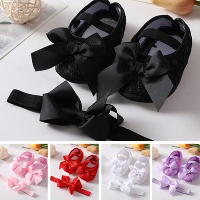 2Pcs/Set Baby Girls Cute Bowknot Infant Prewalker Soft Bottom Anti Slip Toddler Princess Shoes Headband Set