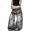 Callejera americana retro bordado de aguja desordenado diseño de jeans manchados sentido del diseño cimitarra viento del páramo pierna ancha pantalones holgados marea