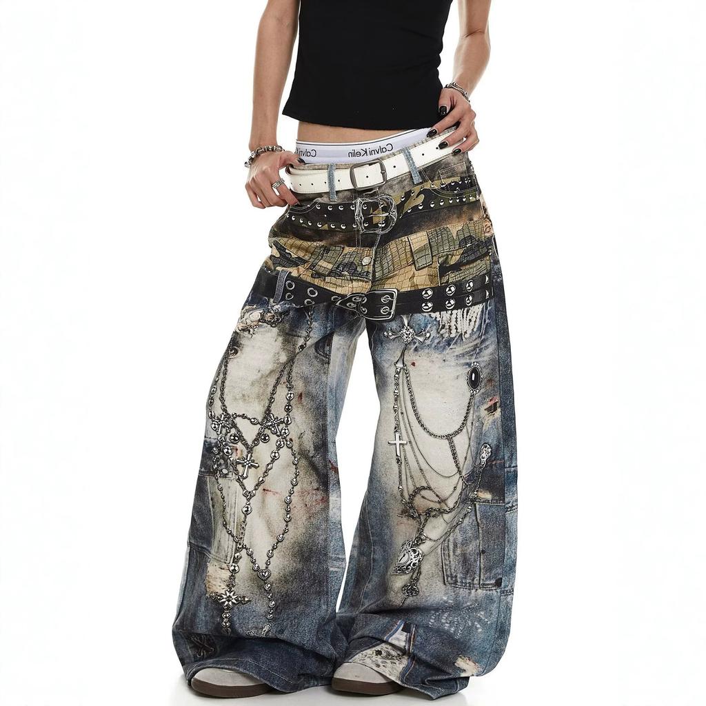 Callejera americana retro bordado de aguja desordenado diseño de jeans manchados sentido del diseño cimitarra viento del páramo pierna ancha pantalones holgados marea