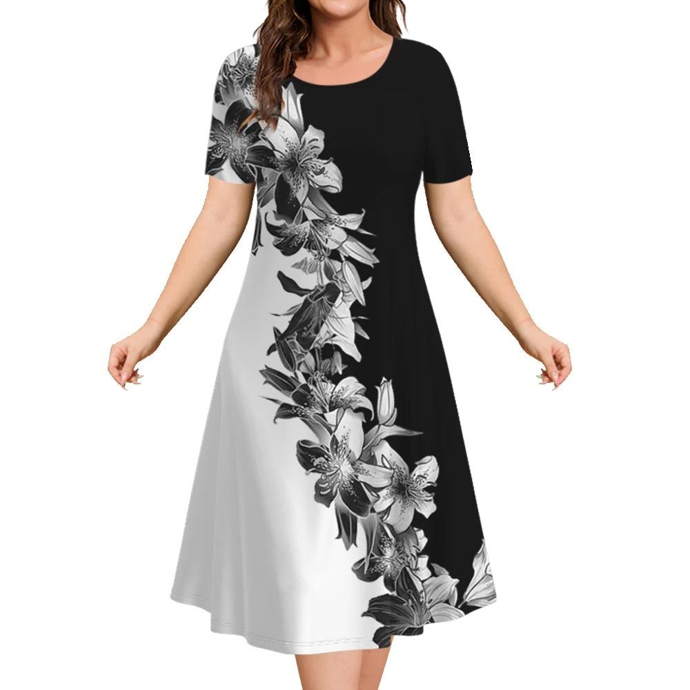 Estampa floral feminina elegante vestido midi, roupas femininas de manga curta extragrande, moda verão, 2024