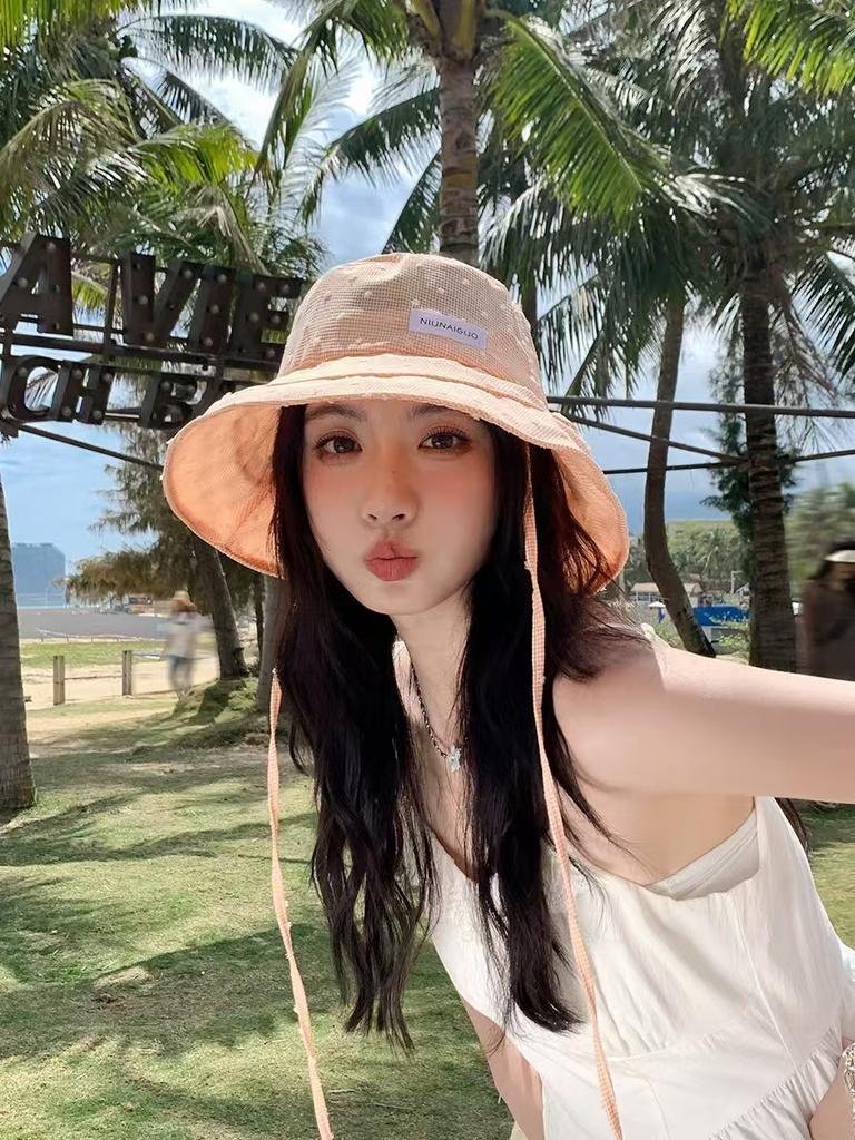 Sweet small fresh plaid bucket hat summer big brim thin student travel versatile sunshade sunscreen hat