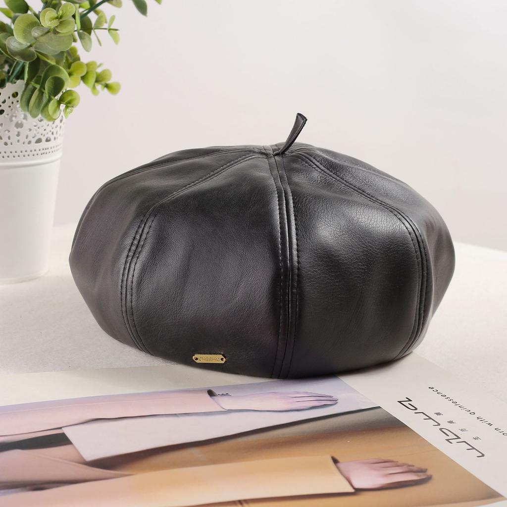 Autumn and winter pu leather beret new retro black octagonal hat girls big hat top literary pumpkin hat