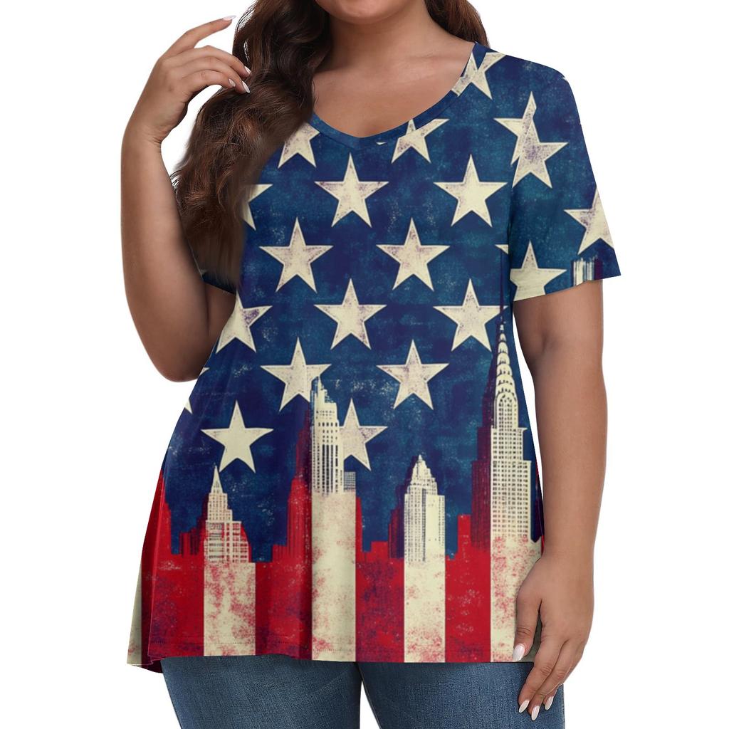 Women's Fashion Casual V-Neck Pullover Short Sleeve Large Size Independence Day Printed T-Shirt Top