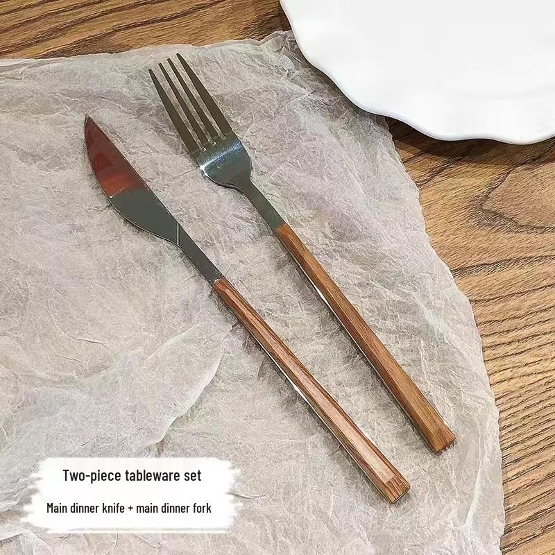 Stainless Steel Steak Knife and Fork Set with Faux Wood Handle - 10 Pairs