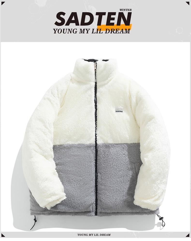 Herre vinterjakke med stående krage i bomull med lammefleece-fôr - avslappet, tykkere stil for par