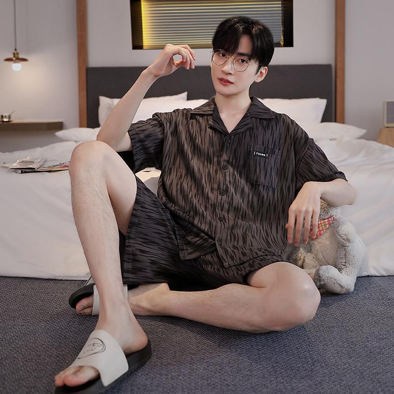 

2025 летний комплект пижам для отдыха с буквенным принтом для мужчин с эластичной талией для мальчиков, кардиган с коротким рукавом и шорты, мягкая пижама, домашняя одежда XXXL темно-синий