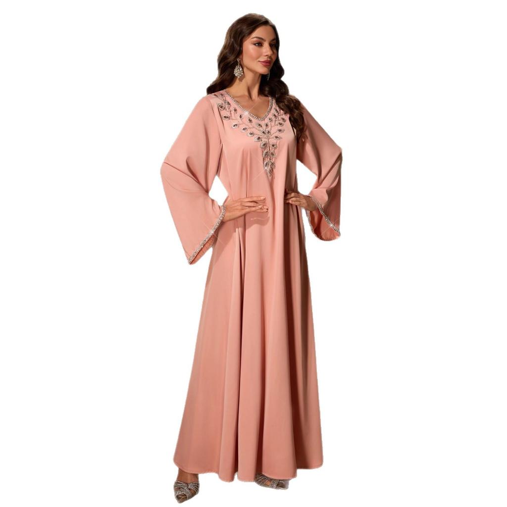 Middle Eastern Women's Fashion: Handmade Rhinestone V-Neck Loose Long Robe Dress