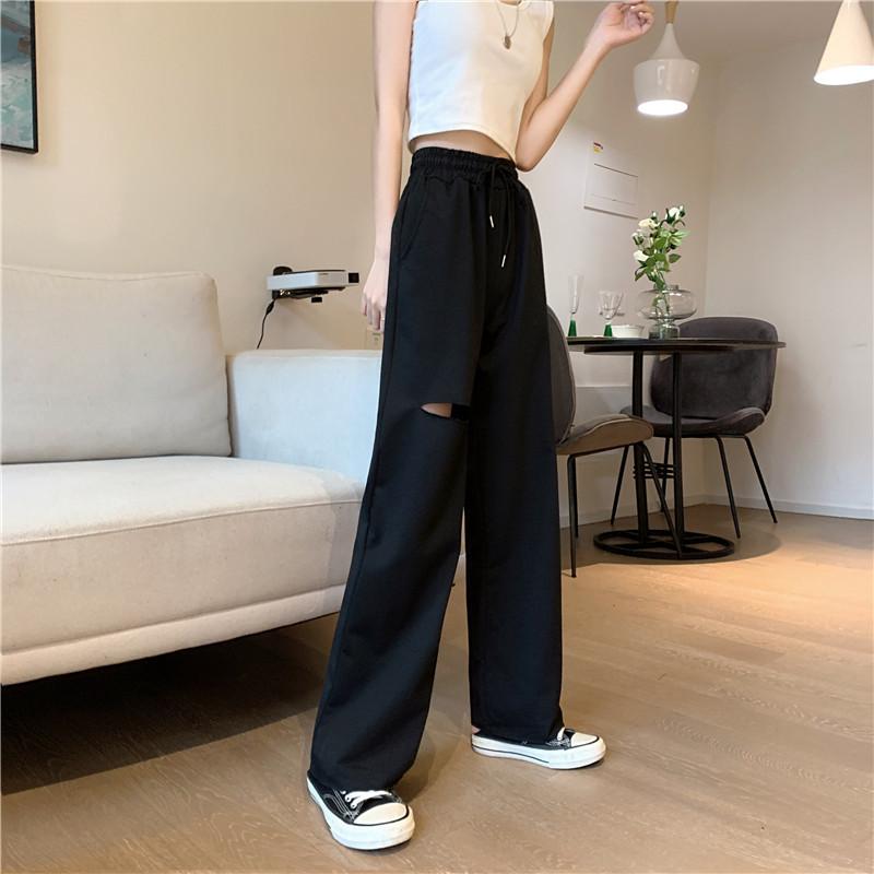 

Новые летние свободные брюки с кулиской и рваными деталями, широкие брюки, однотонные брюки, свободные повседневные брюки S чёрный