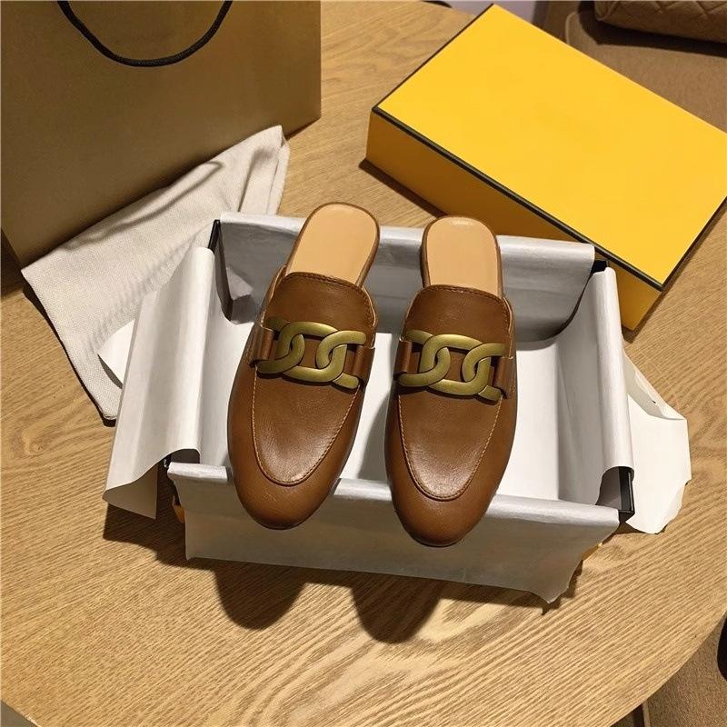 Flat-bottomed Bag Head Shoes Fashionable Round Head Metal Horse Buckle Casual Versatile Lazy Half Slippers Women