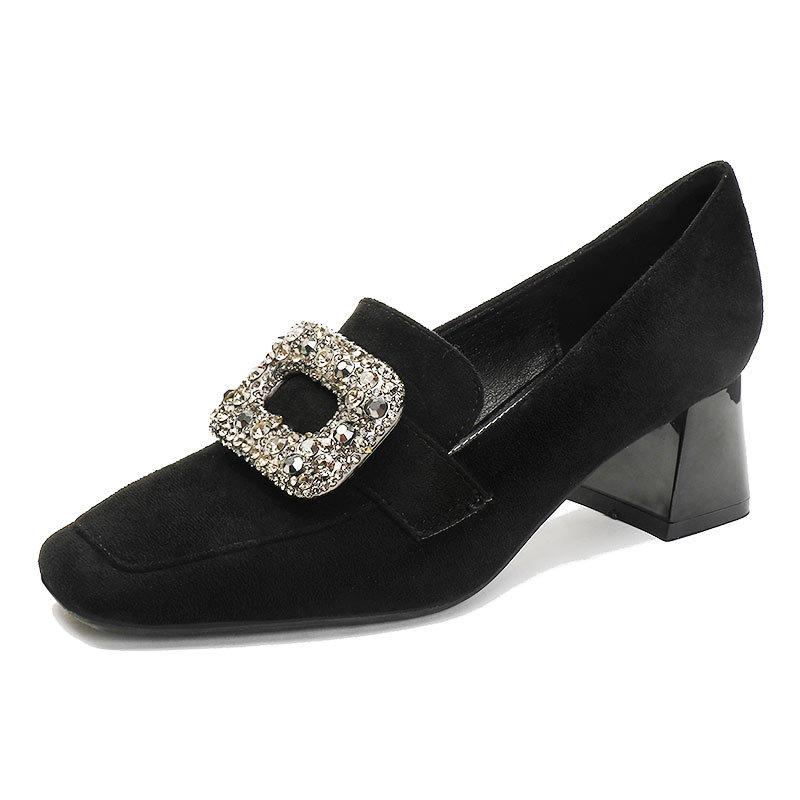 Autumn and winter deep mouth thick heel single shoes 2025 new French retro British women's shoes rhinestone square buckle square head high heels