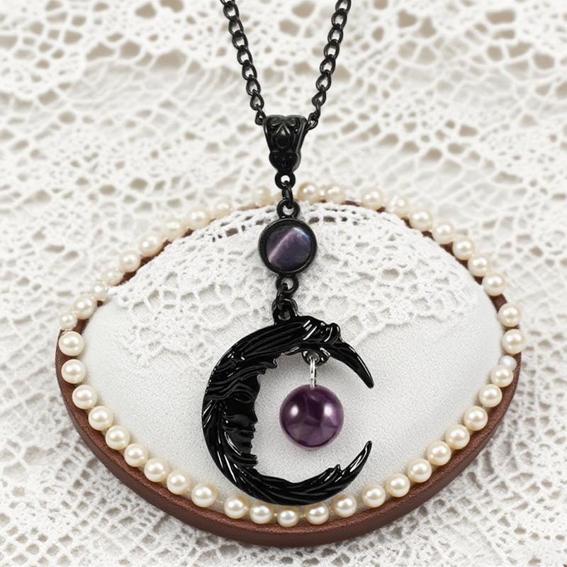Gothic Creative Face Black Crescent Moon Purple Zircon Pendant Necklace For Women Hallowmas Charm Jewelry Gifts