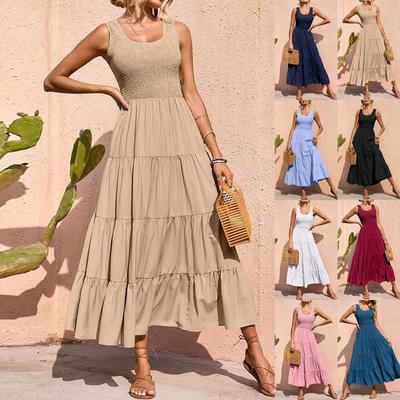 Women's Fashion Temperament Commuting Solid Color Vest Shirring Stitching A-line Large Swing Dress