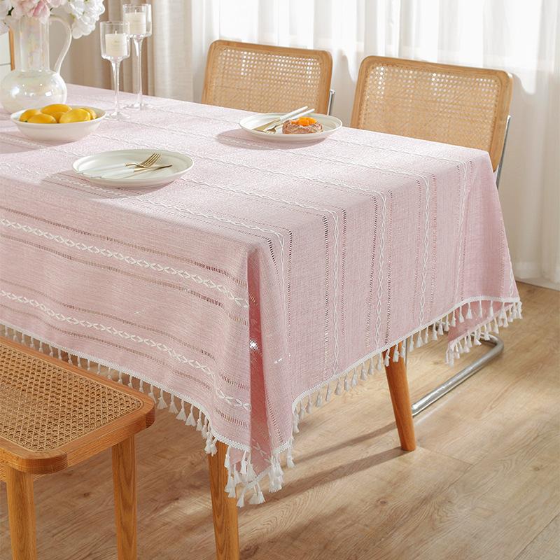 Rustic Embroidery Table Cloth, Cotton Linen Stripe Tassel Tablecloth Antifouling Dust Proof Table Cover For Kitchen Dining Decor