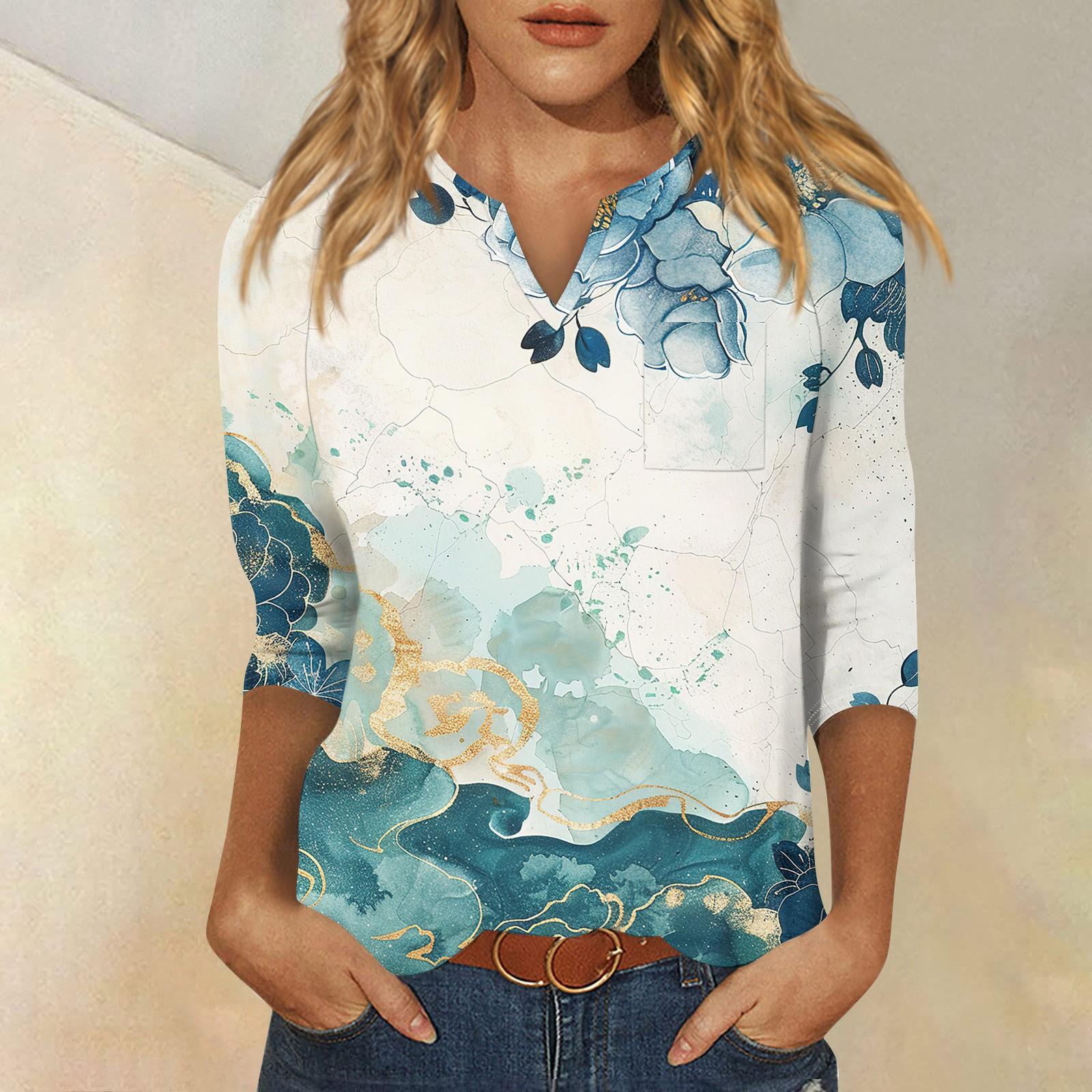 

Женская модная рубашка, повседневная рубашка с рукавами реглан, карман, V-образный вырез, рукав 3/4, свободная футболка с принтом, женский топ S