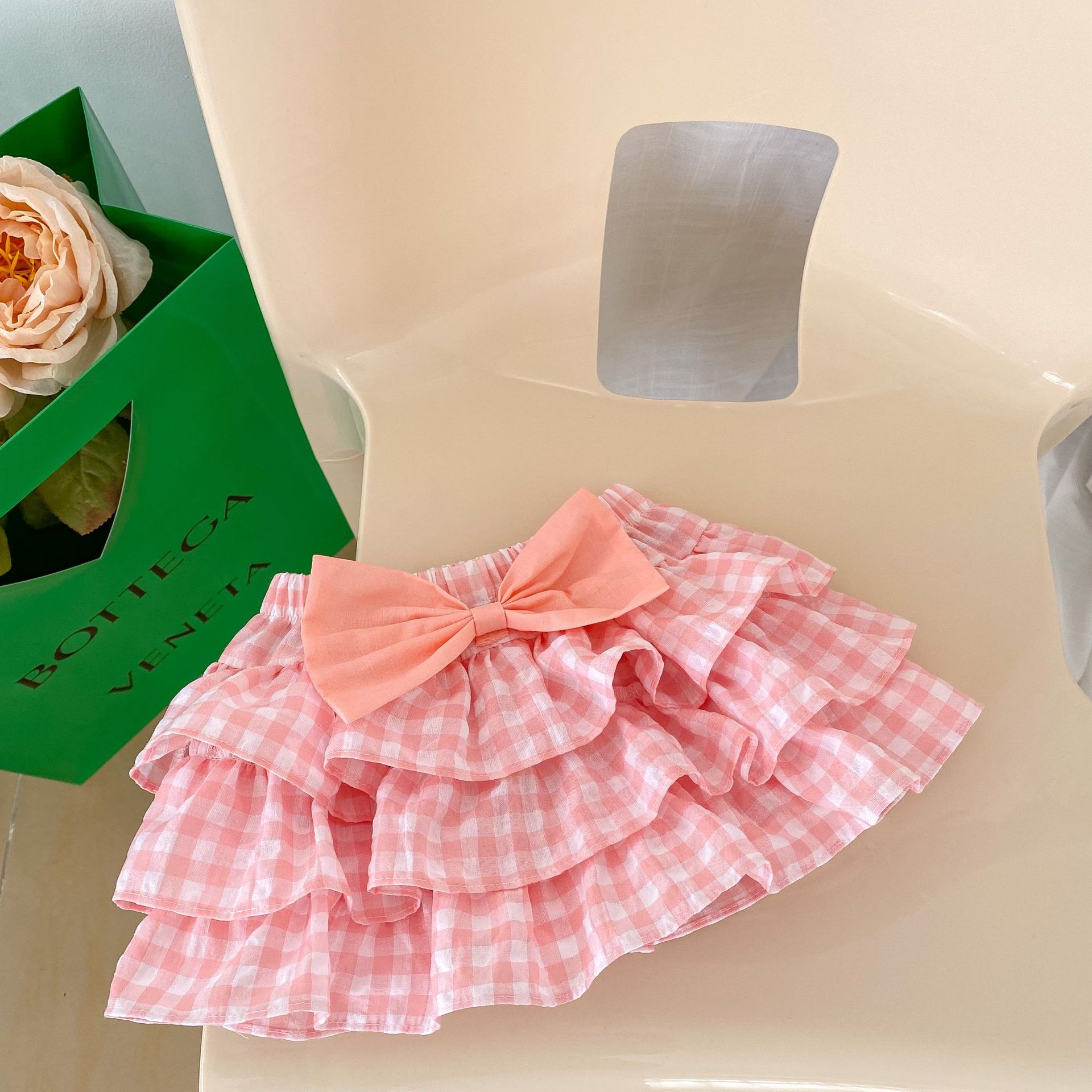 Summer Baby Girl Plaid Bow Fake Two Piece Romper Skirt Ruffled Cake Shorts Onesie 66