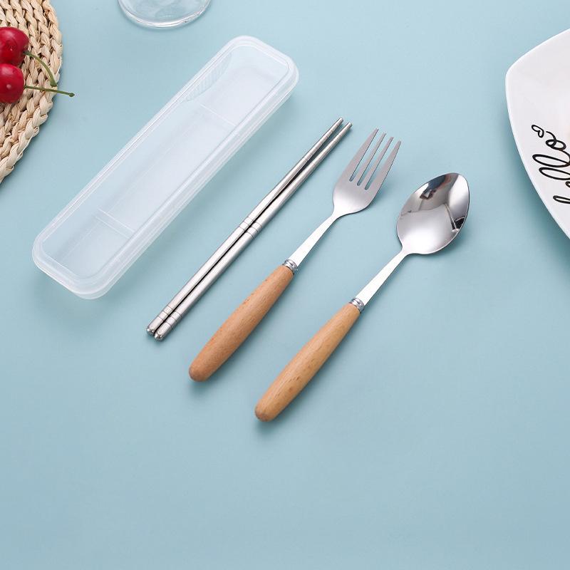 Wooden-Handled Cutlery Set Stainless Steel Spoon Fork And Chopsticks Set Three-Piece Cutlery Box Set