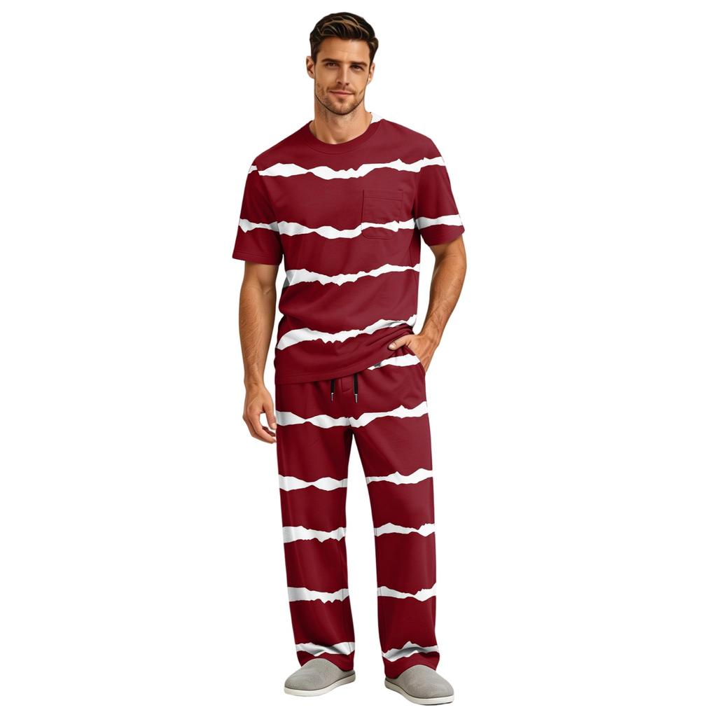 Men's Short Sleeve Pajama Set with Long Pants, Button Crotch, Elastic Waist Drawstring - Comfortable Sleepwear
