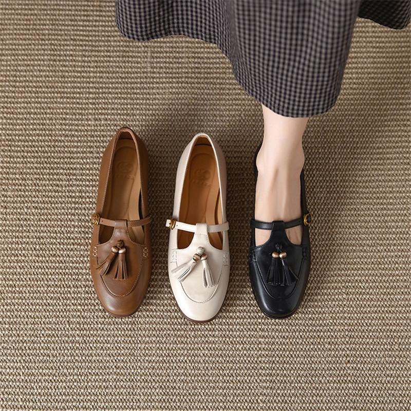 Fashion New Spring/autumn Genuine Leather Women Shoes Round Toe Shoes for Women Fashion Tassels Mary Jane Shoes Low Heels Women Pumps