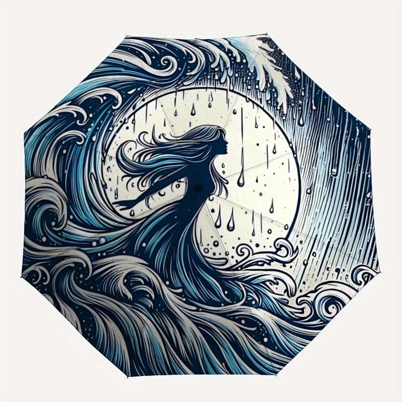 

1pc Ocean Waves Auto Open/Close Umbrella, Portable Folding Umbrella for Travel, Themed Events, It is suitable as a gift for various festivals, Outdoor